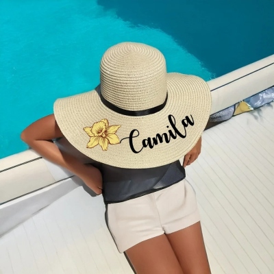 Personalized Name Birth Flower Floppy Sun Hat, Custom Straw Beach Hat for Honeymoon, Bachelorette Party Favor, Gift for Women/Girls/Bridesmaids