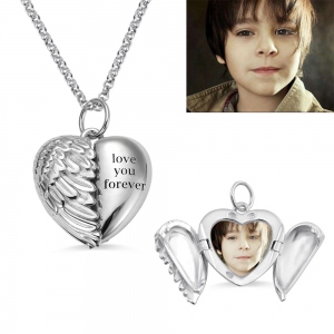 Engravable Angel Wings Heart Photo Necklace in Silver, Gift for Memorial, Mother's Day Birthday Anniversary