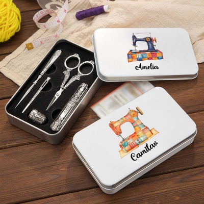 Personalized Name Patchwork Sewing Machine Design 6PCS Vintage Sewing Tools Set with Tin Box, Birthday/Mother's Day Gift for Mom/Tailors/Sewing Lovers