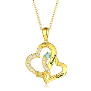 Personalized Double Heart Necklace with 2 Names & Birthstones Sterling Silver in Gold