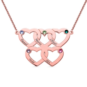 Engraved Five Hearts Necklace With Birthstones In Rose Gold