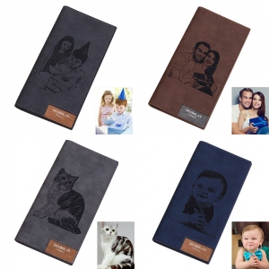 Men's Engraved Photo Leather Long Wallet