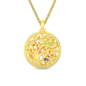 Round Cage Family Tree Birthstone Necklace Gold Plated