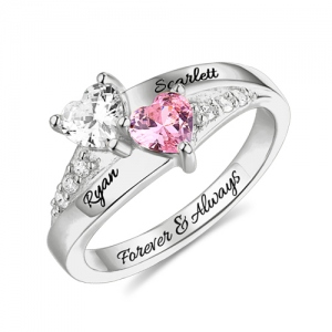 Engraved Double Heart Birthstone Ring In Sterling Silver - "2018 Birthday Gifts"