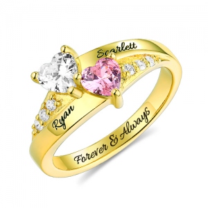 2018 Promise Ring Engraved Double Heart Birthstone Ring Gold Plated