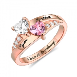 2018 Promise Ring Engraved Double Heart Birthstone Ring In Rose Gold