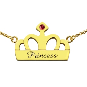 Princess Crown Charm Necklace with Birthstone & Name 18k Gold Plated