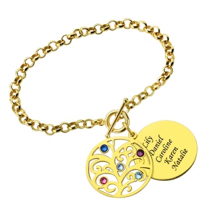 Engraved Family Tree Birthstone Bracelet 18K Gold Plated Silver