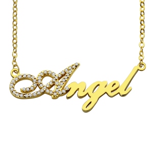 18K Gold Plated Script Name Necklace-Initial Full Birthstone