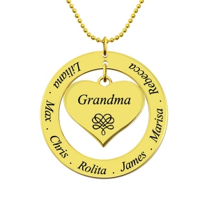 Engraved Circle Necklace Grandma Heart Pendant Gold Plated