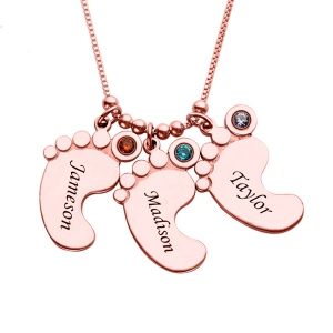 Mother's Pendant: Baby Feet 3 Names Necklace In Rose Gold