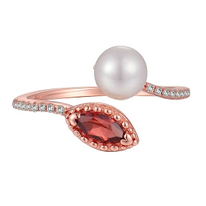 Natural White Pearl & Red Garnet Ring In Rose Gold Gift for Her